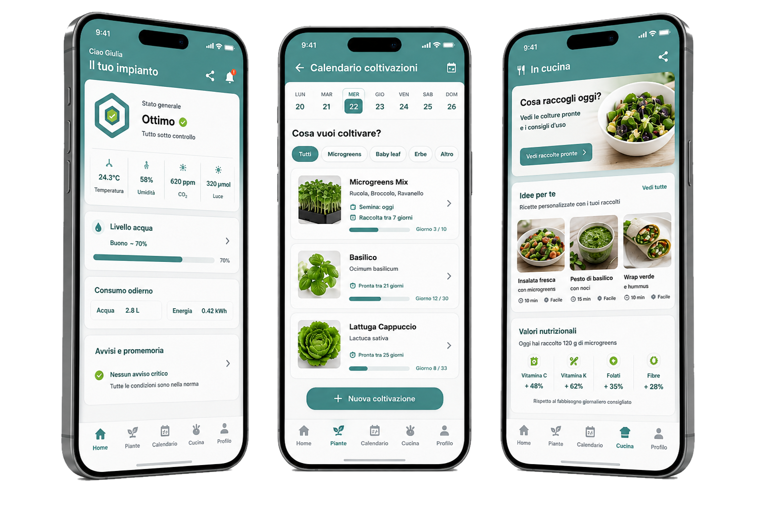 Mockup della piattaforma IDRAG con stato impianto, calendario coltivazioni e suggerimenti in cucina